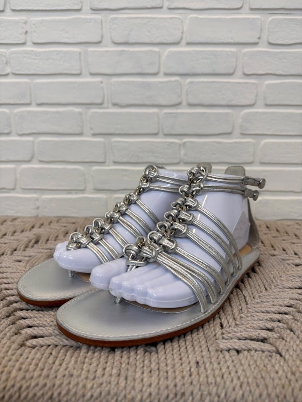 Coach Gillian Silver Gladiator Sandal Chain Strap Flat 8.5